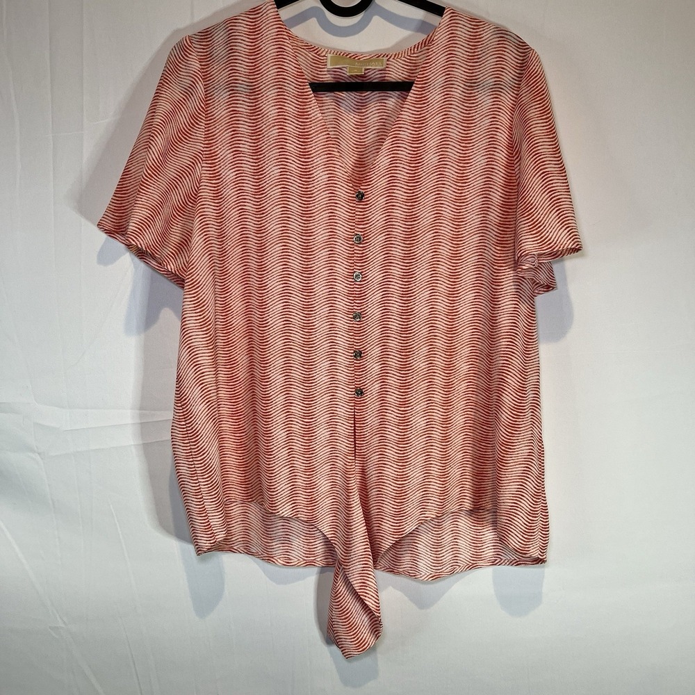MICHAEL Michael Kors Button Front Tie Blouse Orange‎ Printed, Size Small